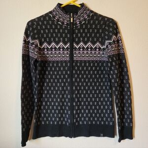 Neve Full Zip Up Cardigan Natalie Sweater Merino Wool Blend Mock Neck Fairisle